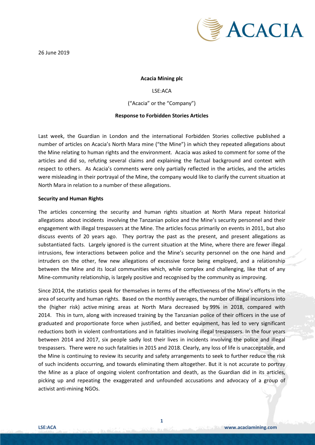 26 June 2019 Acacia Mining Plc LSE:ACA