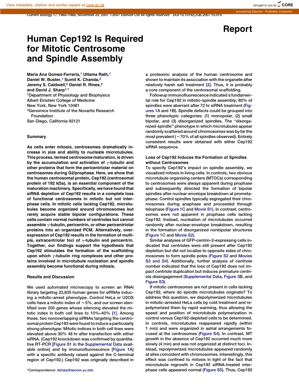 Report Human Cep192 Is Required for Mitotic Centrosome and Spindle Assembly