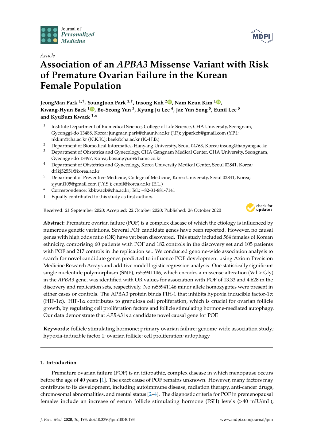 Association of an APBA3 Missense Variant with Risk of Premature Ovarian Failure in the Korean Female Population