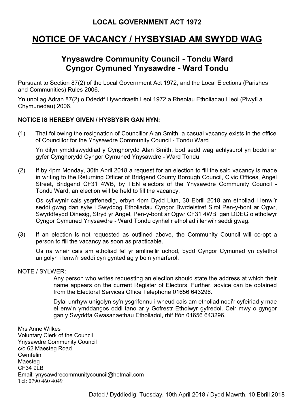Notice of Vacancy / Hysbysiad Am Swydd Wag