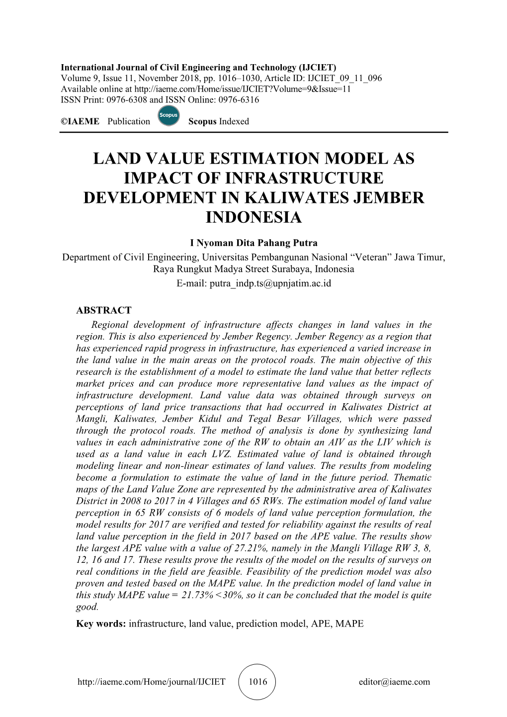 Land Value Estimation Model As Impact of Infrastructure Development in Kaliwates Jember Indonesia