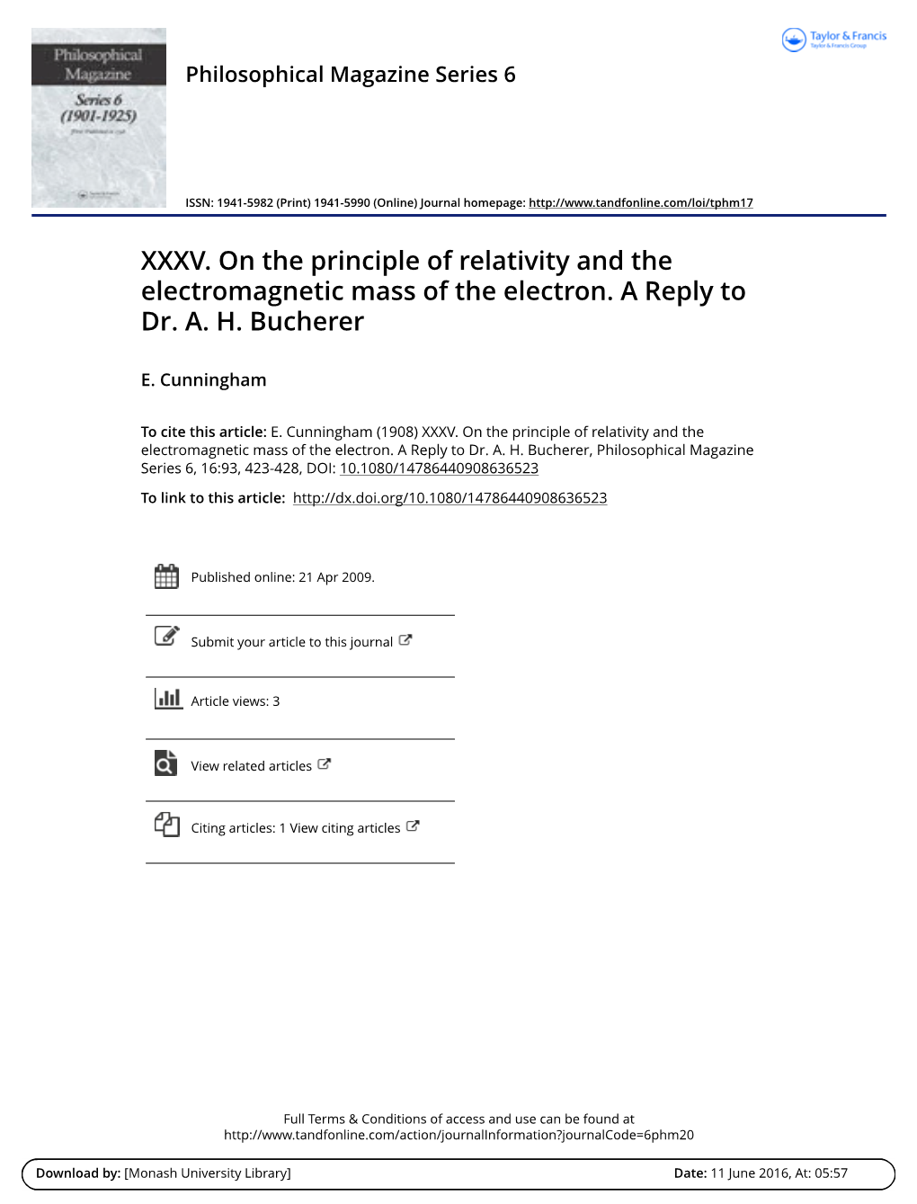 XXXV. on the Principle of Relativity and the Electromagnetic Mass of the Electron