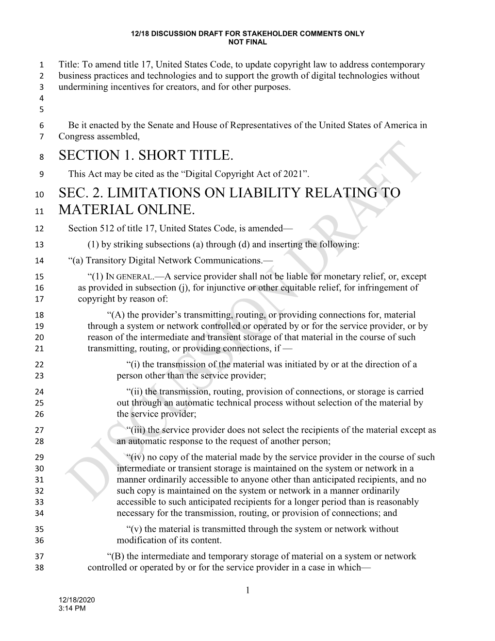 Section 1. Short Title. Sec. 2. Limitations on Liability