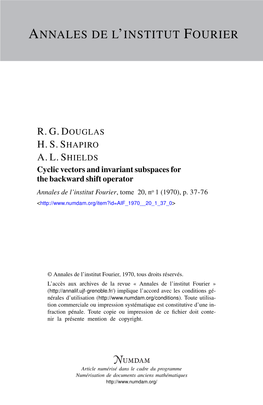 Cyclic Vectors and Invariant Subspaces for the Backward Shift Operator Annales De L’Institut Fourier, Tome 20, No 1 (1970), P