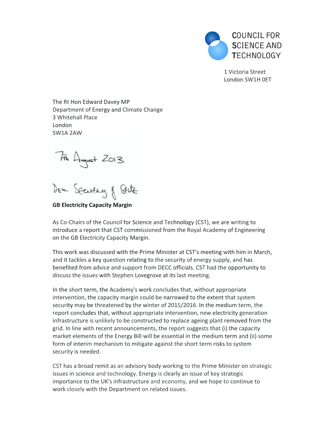 GB Electricity Capacity Margins Letter