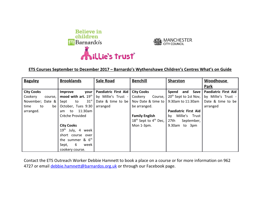 ETS Courses September to December 2017 Barnardo S Wythenshawe Children S Centres What