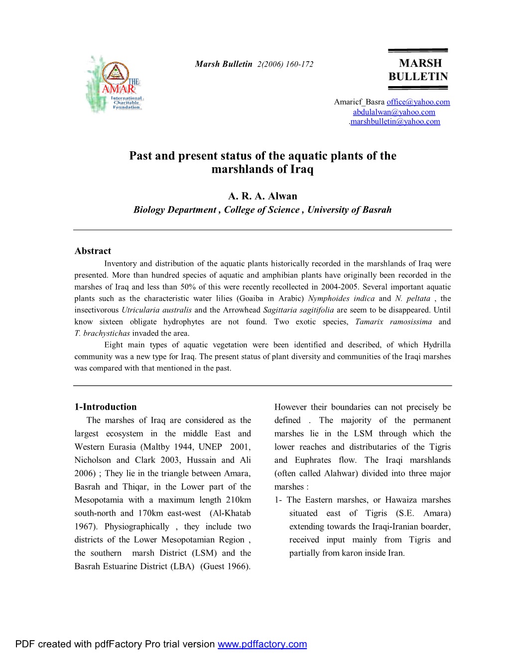 Past and Present Status of the Aquatic Plants of the Marshlands of Iraq