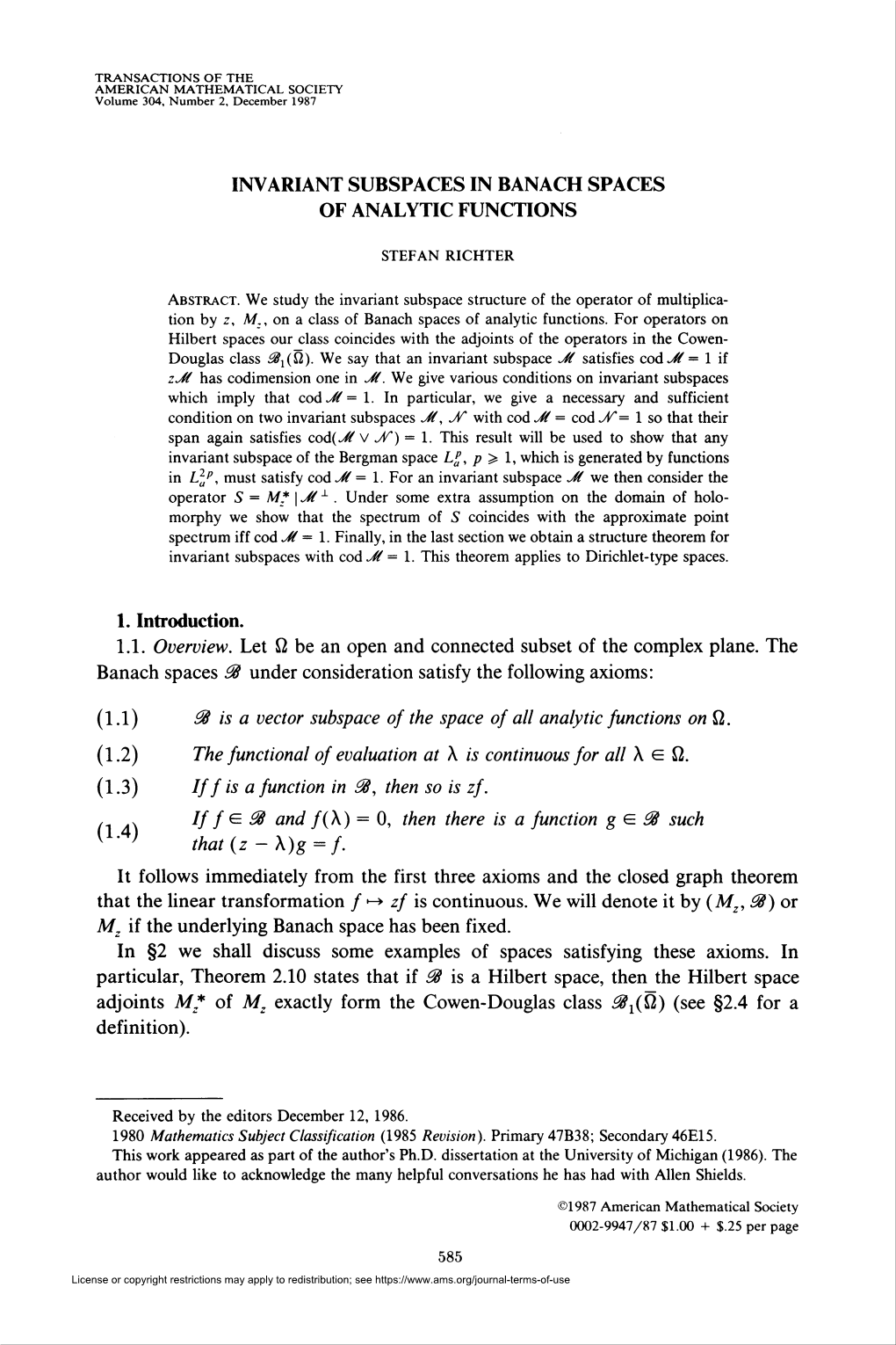 Invariant Subspaces in Banach Spaces of Analytic