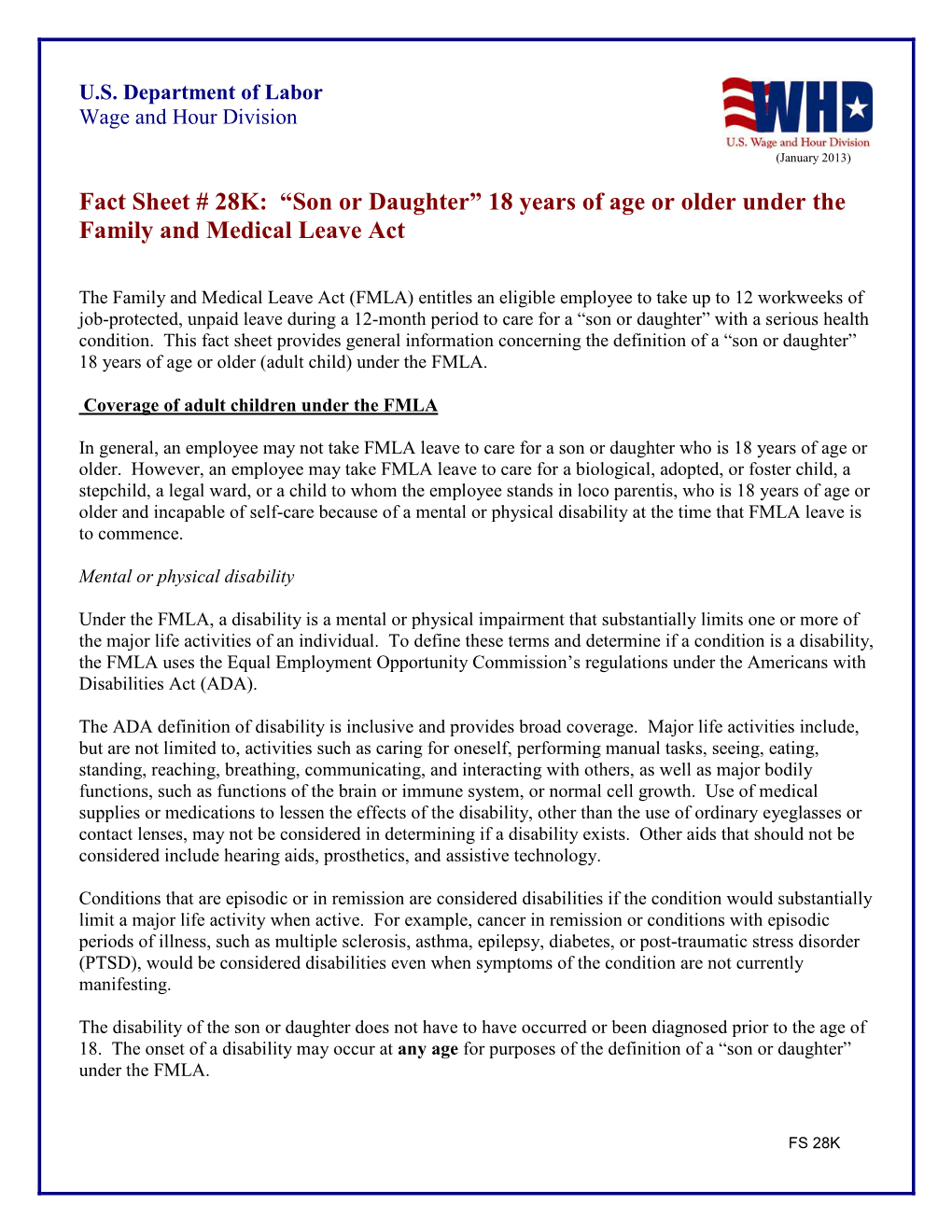 Fact Sheet # 28K: “Son Or Daughter” 18 Years of Age Or Older Under the Family and Medical Leave Act