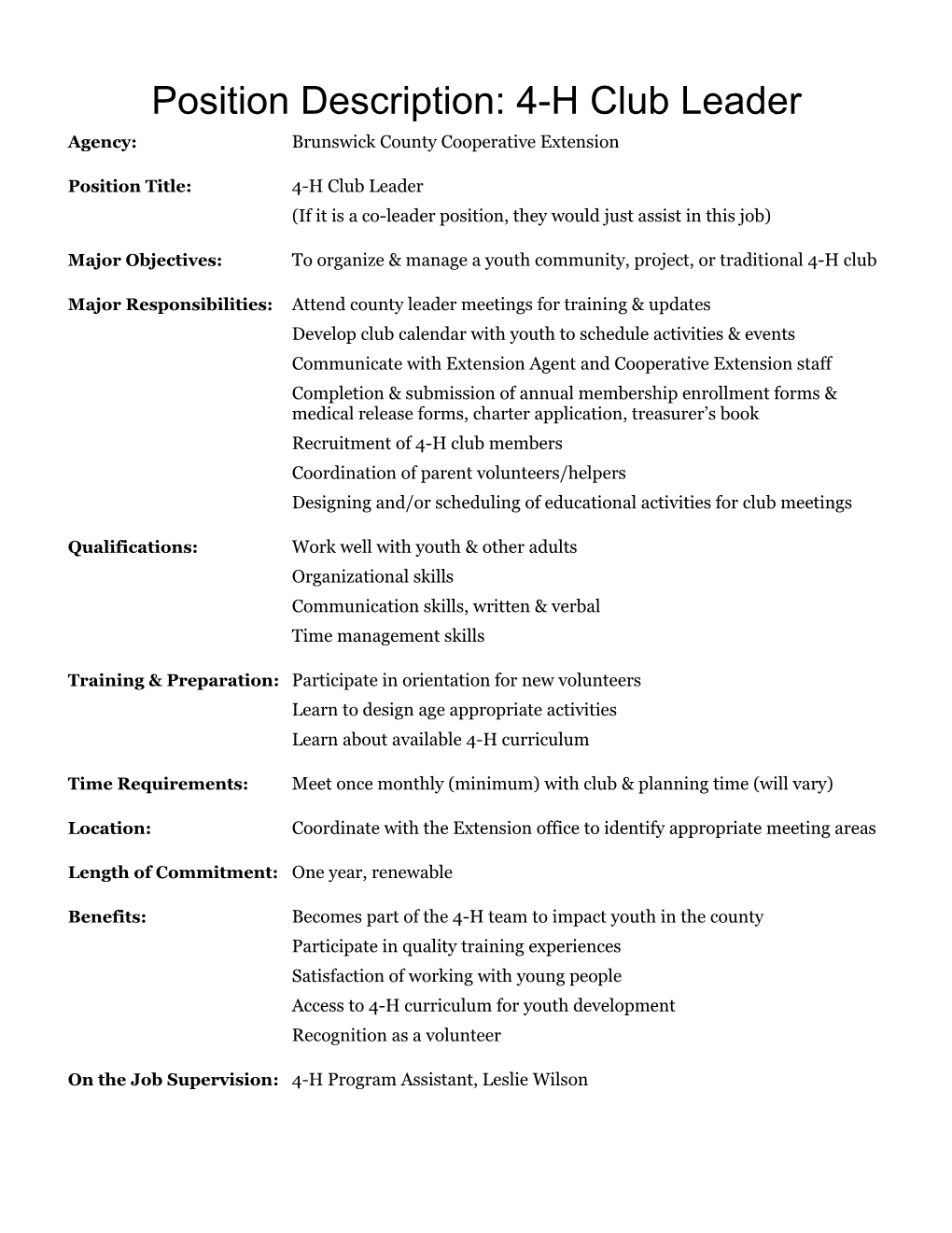 Position Description: 4-H Club Leader