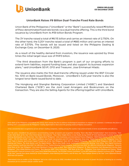Unionbank Raises ₱9 Billion Dual-Tranche Fixed Rate Bonds