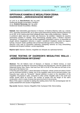 Ispitivanje Kamena Iz Megalitskih Zidina Daorsona - „Hercegovačke Mikene“