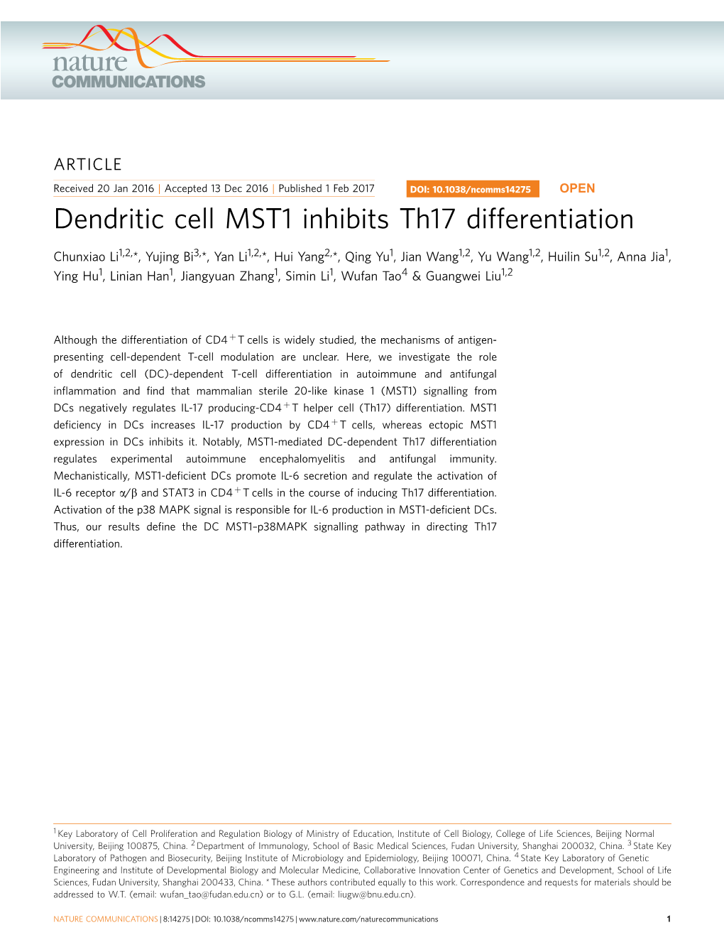 Dendritic Cell MST1 Inhibits Th17 Differentiation