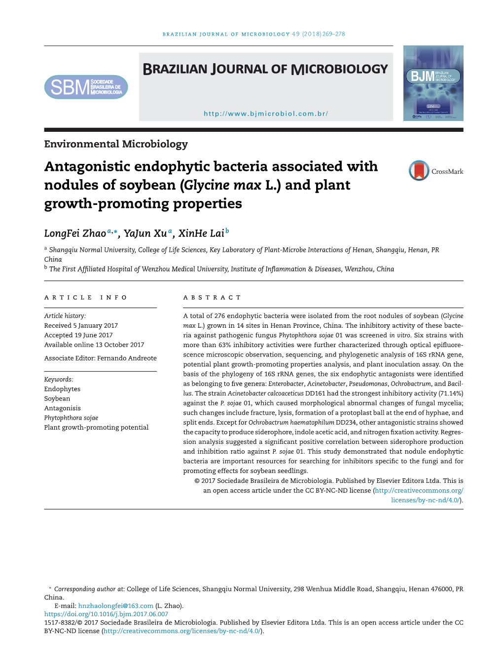 Antagonistic Endophytic Bacteria Associated with Nodules of Soybean (Glycine Max L.) and Plant Growth-Promoting Properties