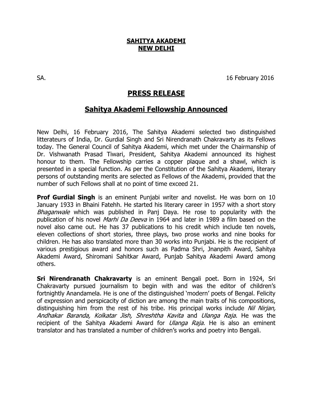 PRESS RELEASE Sahitya Akademi Fellowship Announced