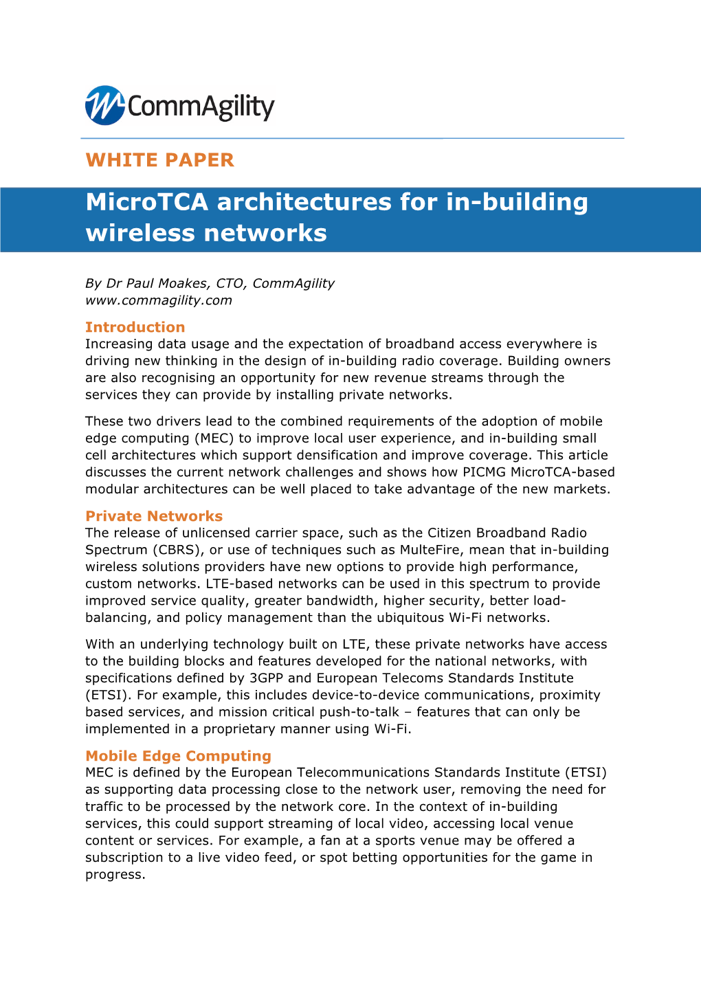 WHITE PAPER Microtca Architectures for In-Building Wireless Networks