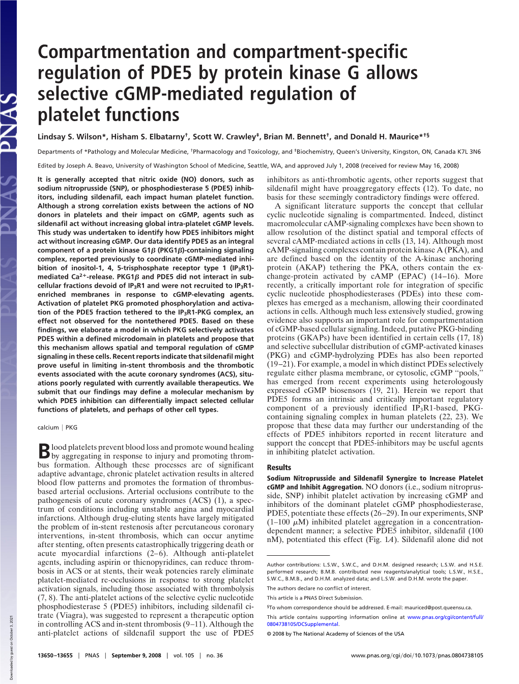Compartmentation and Compartment-Specific Regulation of PDE5 by Protein Kinase G Allows Selective Cgmp-Mediated Regulation of Platelet Functions