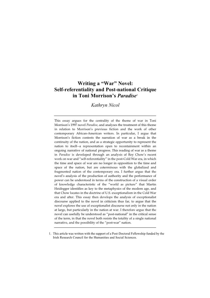 Writing a “War” Novel: Self-Referentiality and Post-National Critique in Toni Morrison's Paradise1