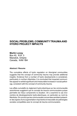 Social Problems, Community Trauma and Hydro Project Impacts