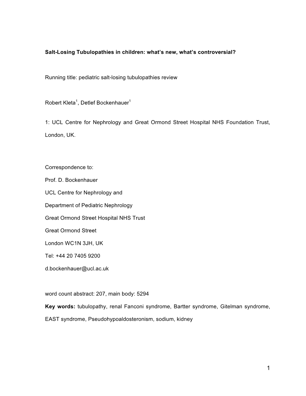 Running Title: Pediatric Salt-Losing Tubulopathies Review