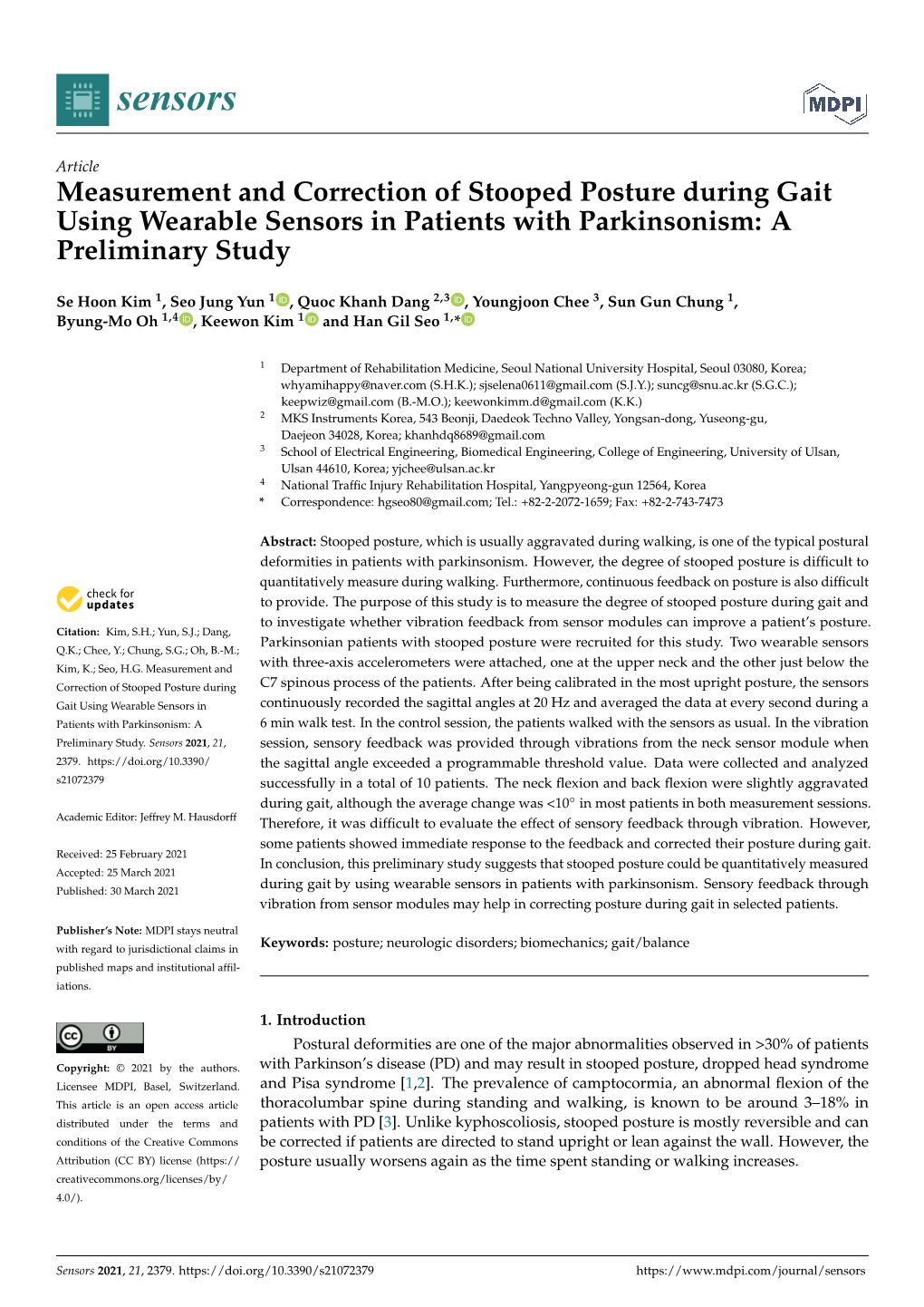 Measurement and Correction of Stooped Posture During Gait Using Wearable Sensors in Patients with Parkinsonism: a Preliminary Study