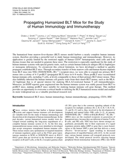 Propagating Humanized BLT Mice for the Study of Human Immunology and Immunotherapy