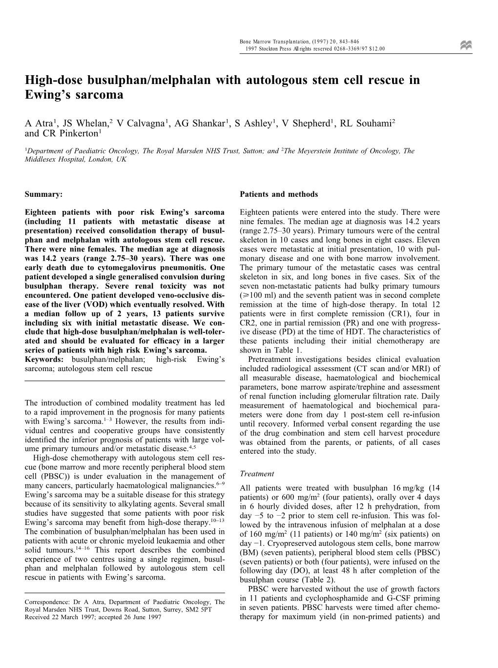 High-Dose Busulphan/Melphalan with Autologous Stem Cell Rescue in Ewing’S Sarcoma