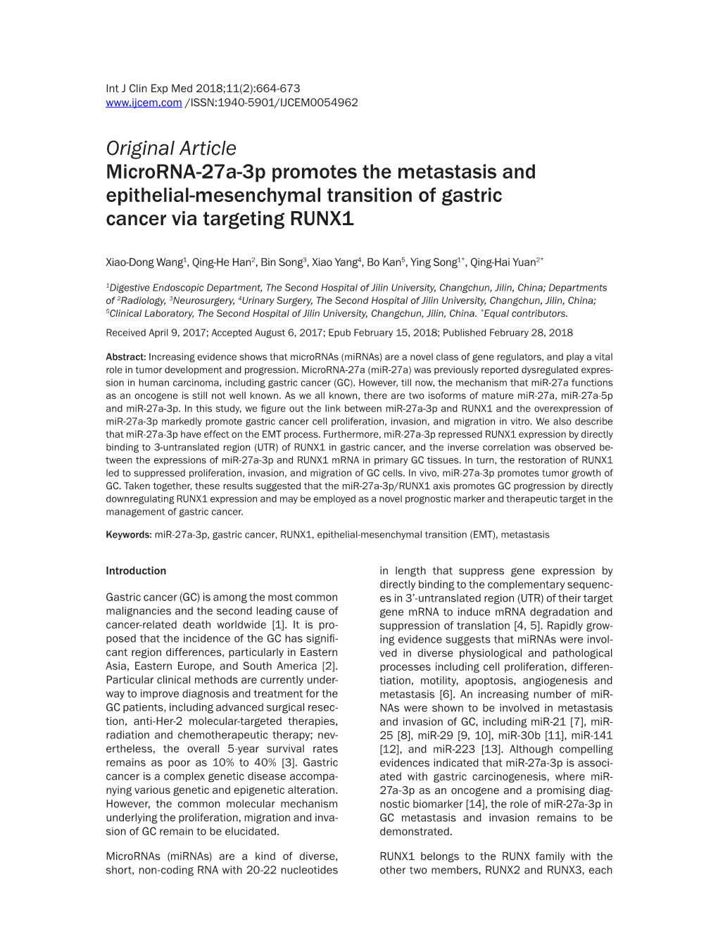 Original Article Microrna-27A-3P Promotes the Metastasis and Epithelial-Mesenchymal Transition of Gastric Cancer Via Targeting RUNX1