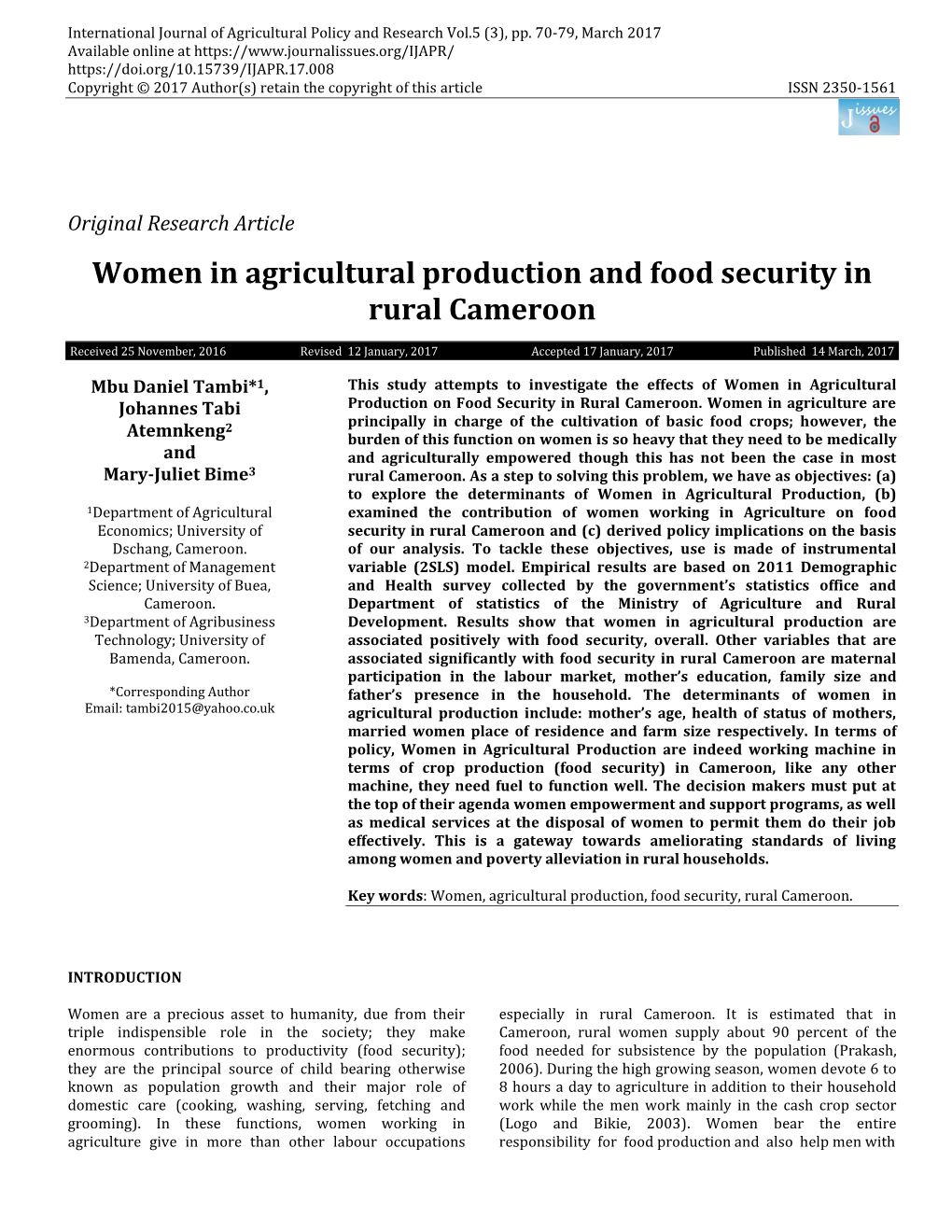 Women in Agricultural Production and Food Security in Rural Cameroon