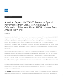 American Express UNSTAGED Presents a Special Performance from Global Icon Alicia Keys in Celebration of Her New Album ALICIA to Music Fans Around the World