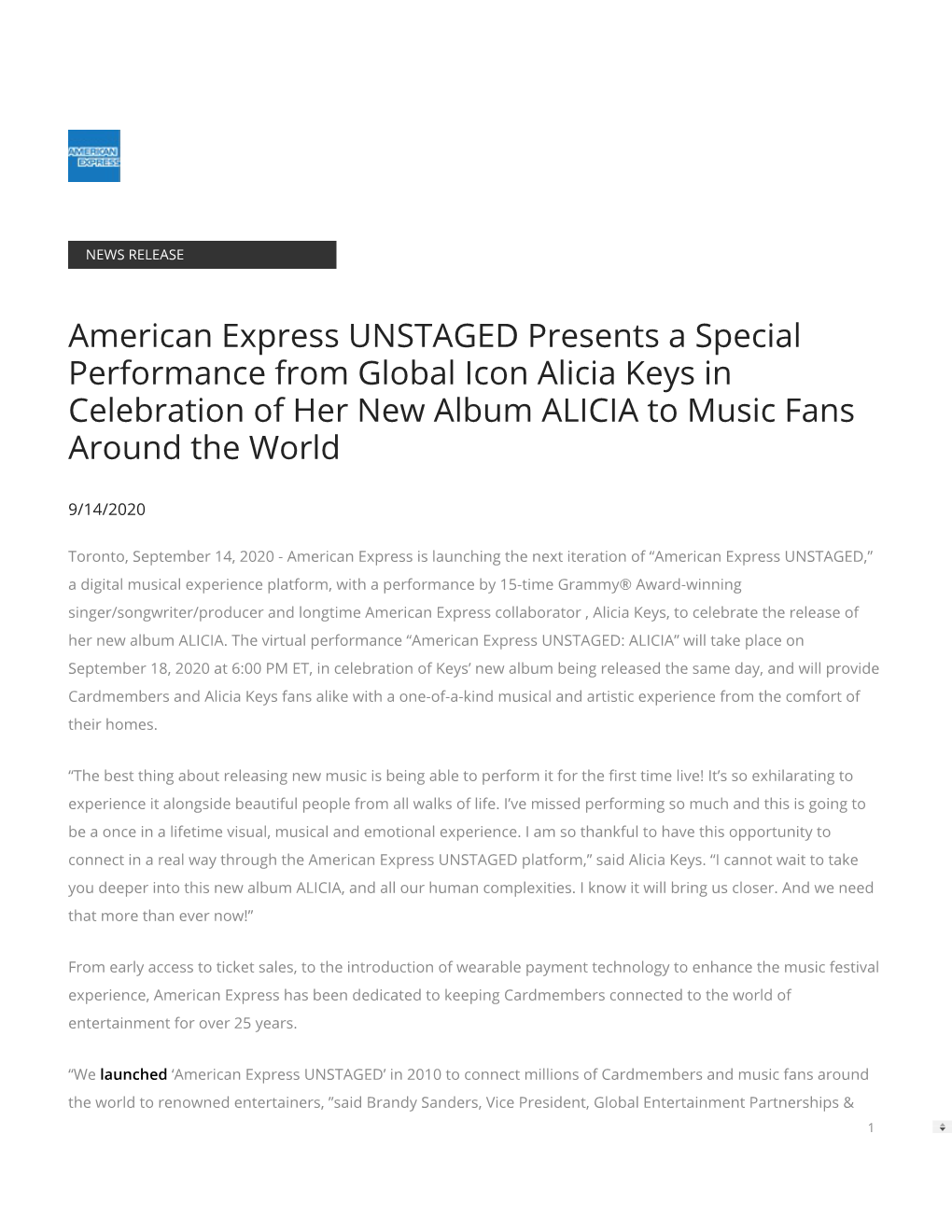 American Express UNSTAGED Presents a Special Performance from Global Icon Alicia Keys in Celebration of Her New Album ALICIA to Music Fans Around the World