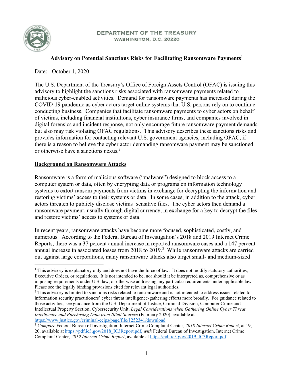 OFAC Advisory on Potential Sanctions Risks for Facilitating Ransomware
