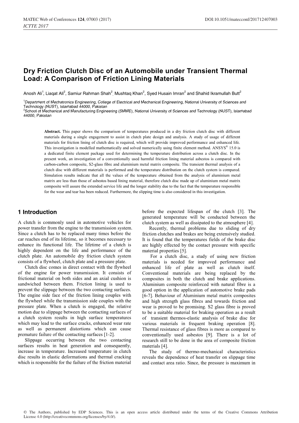 Dry Friction Clutch Disc of an Automobile Under Transient Thermal Load: a Comparison of Friction Lining Materials