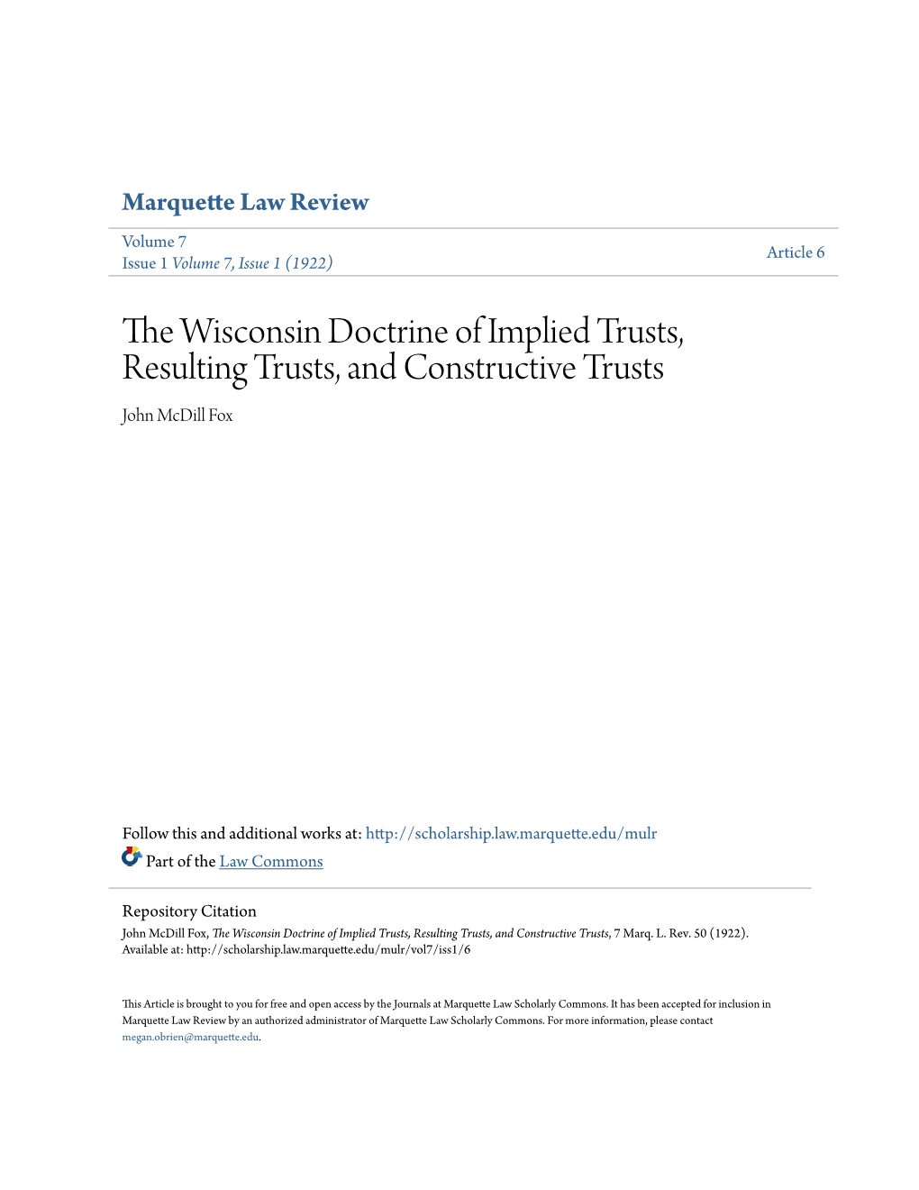 The Wisconsin Doctrine of Implied Trusts, Resulting Trusts, and Constructive Trusts, 7 Marq