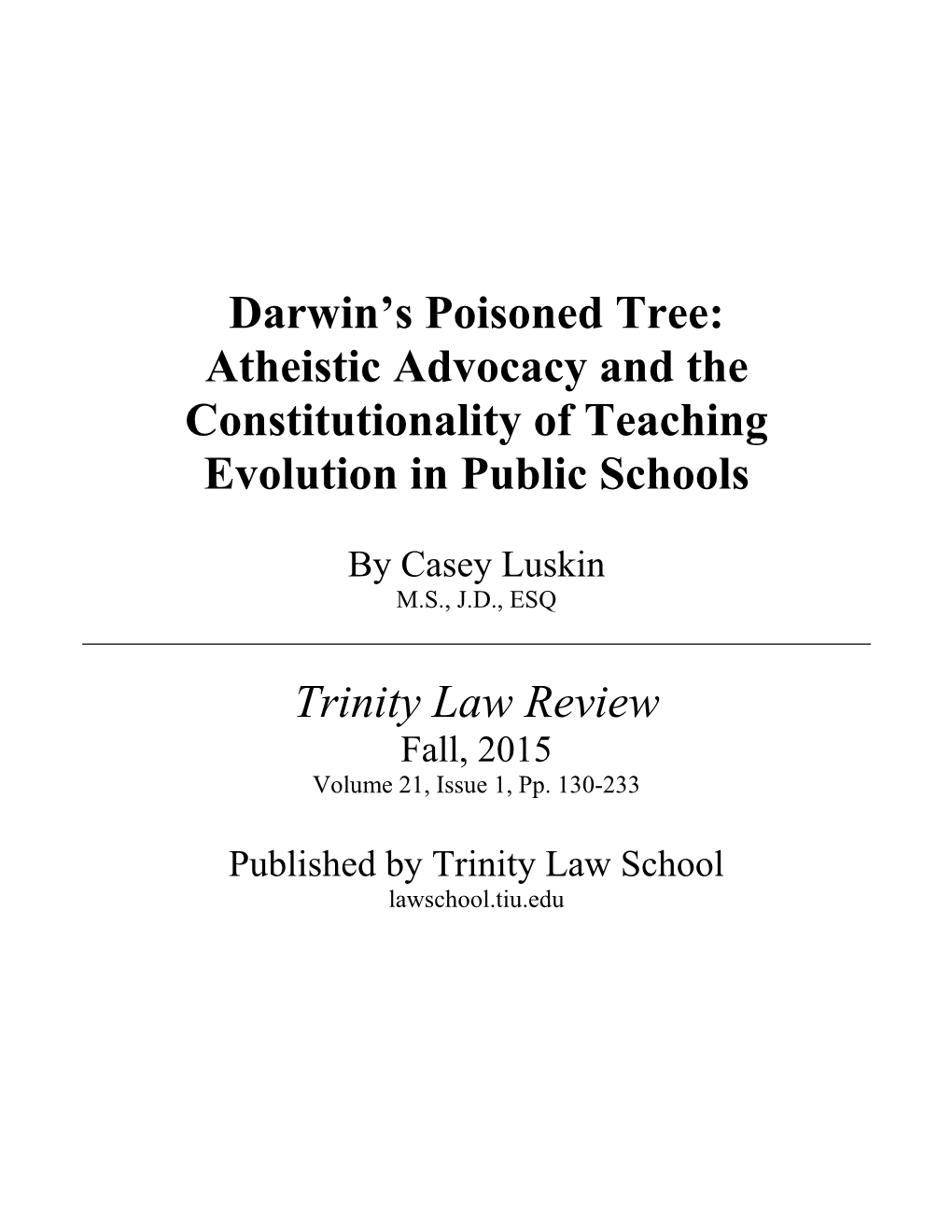 Darwin's Poisoned Tree: Atheistic Advocacy and the Constitutionality