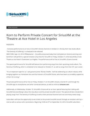 Korn to Perform Private Concert for Siriusxm at the Theatre at Ace Hotel in Los Angeles