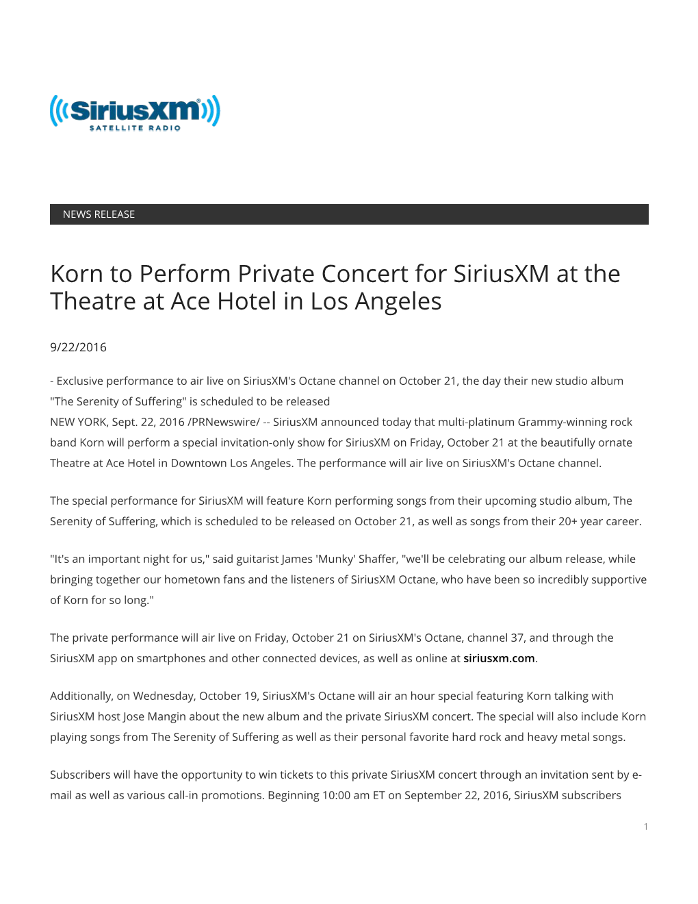 Korn to Perform Private Concert for Siriusxm at the Theatre at Ace Hotel in Los Angeles