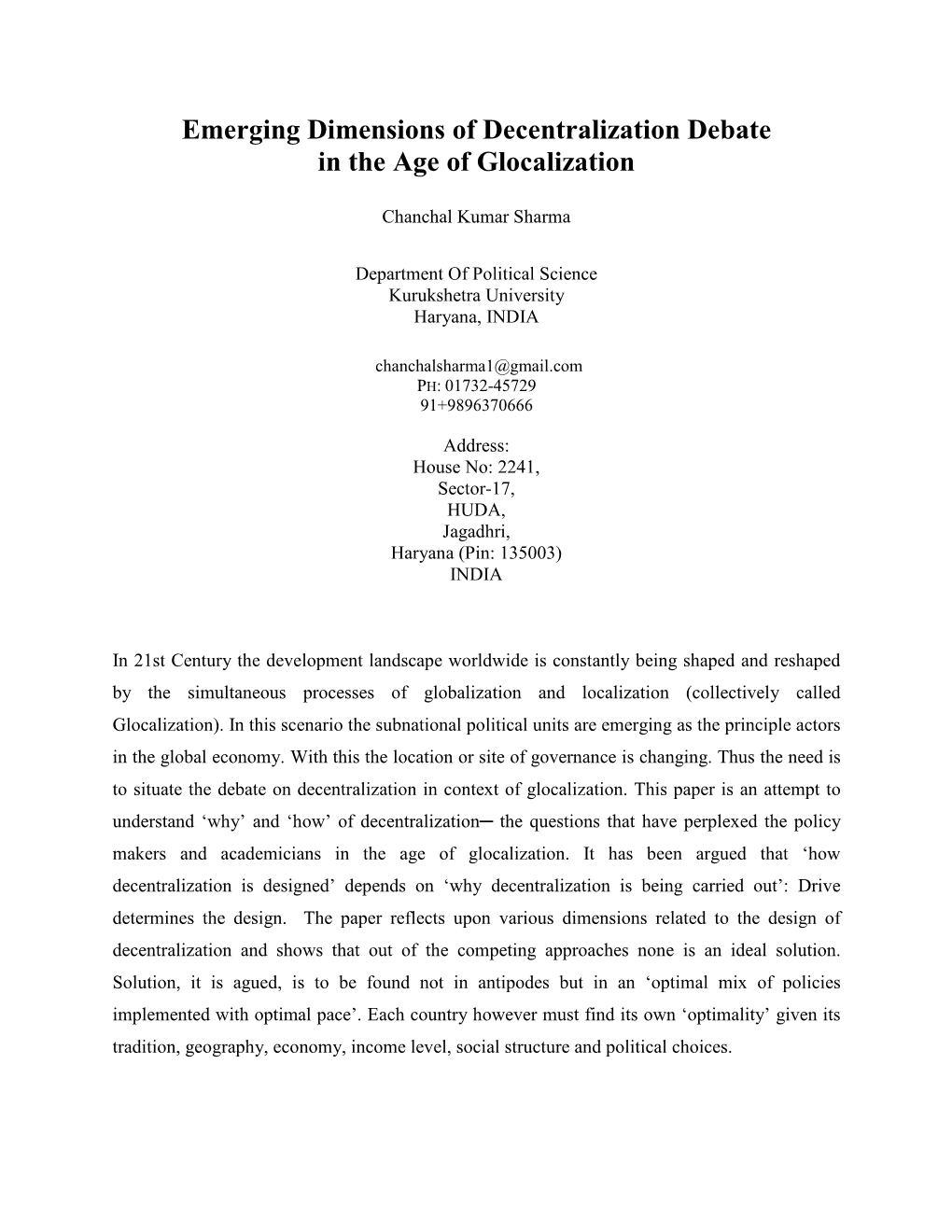 Emerging Dimensions of Decentralization Debate in the Age of Glocalization