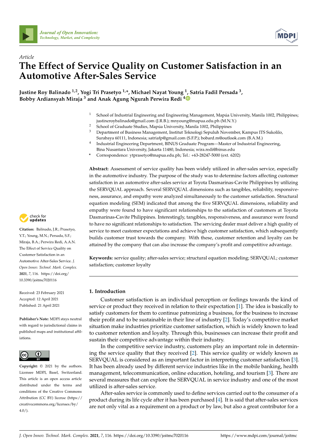 The Effect of Service Quality on Customer Satisfaction in an Automotive After-Sales Service