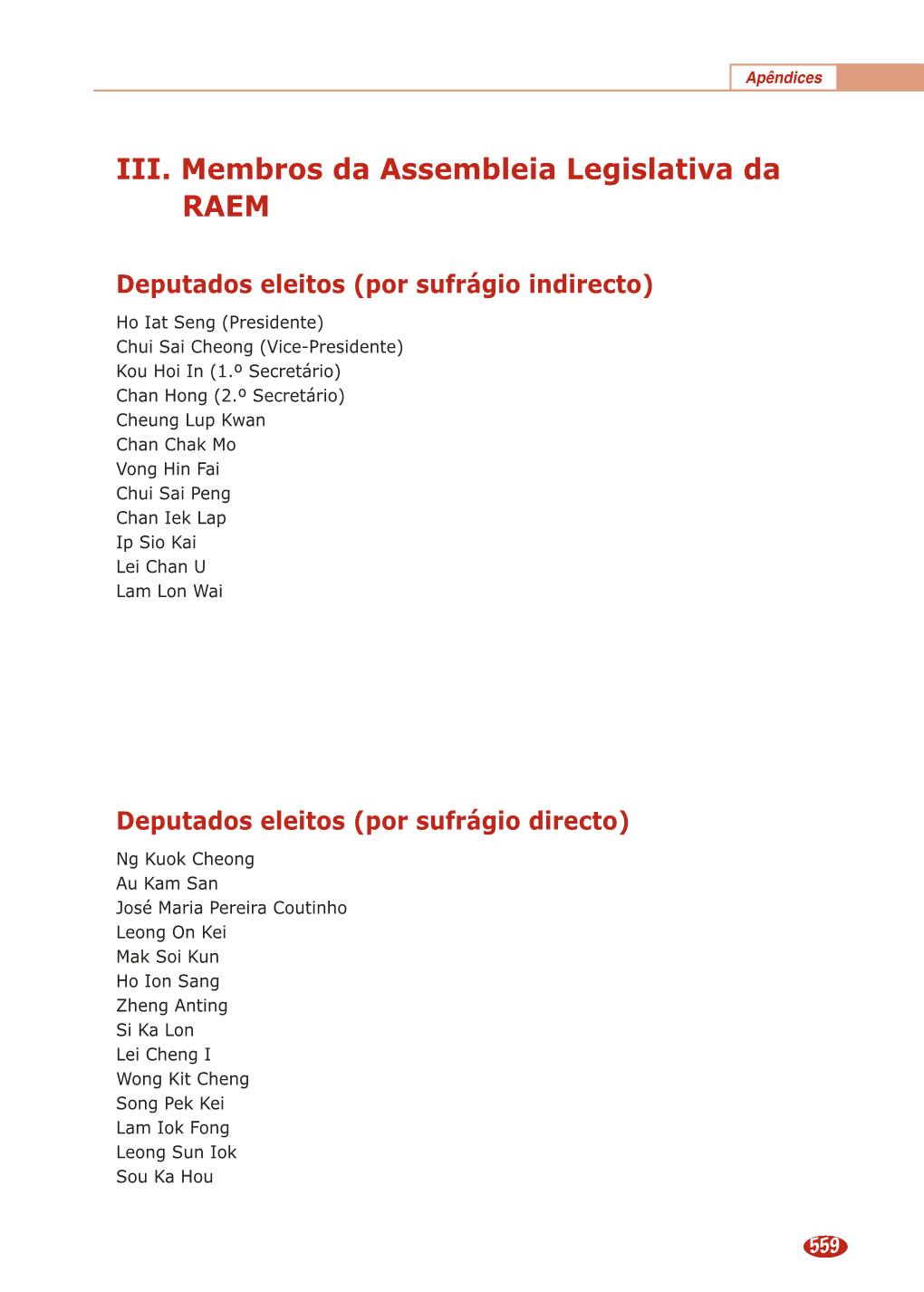 III. Membros Da Assembleia Legislativa Da RAEM