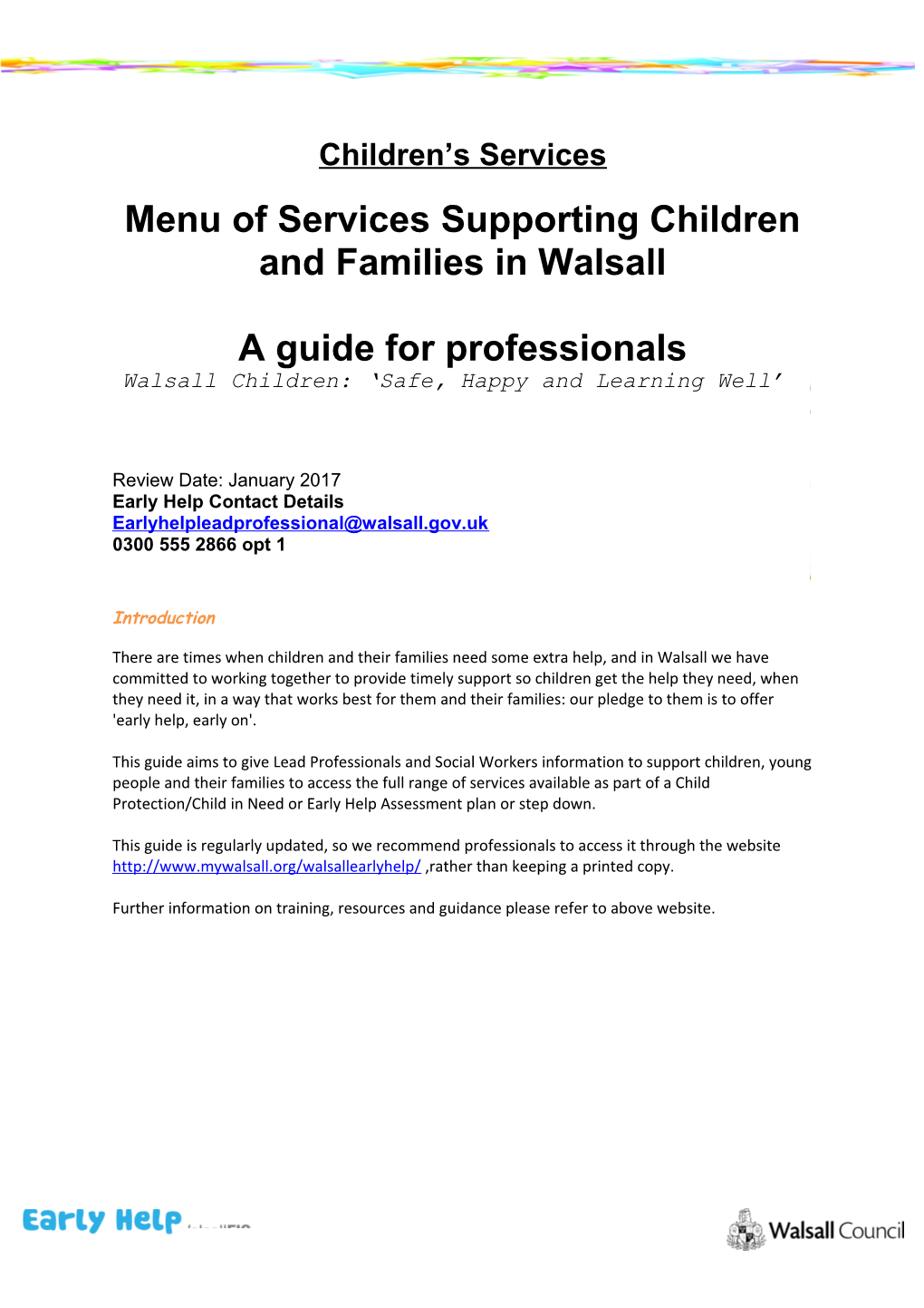 Menu of Services Supporting Children and Families in Walsall