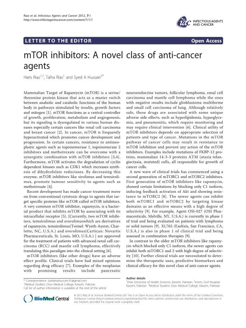 Mtor Inhibitors: a Novel Class of Anti-Cancer Agents Haris Riaz1,2, Talha Riaz1 and Syed a Hussain3*