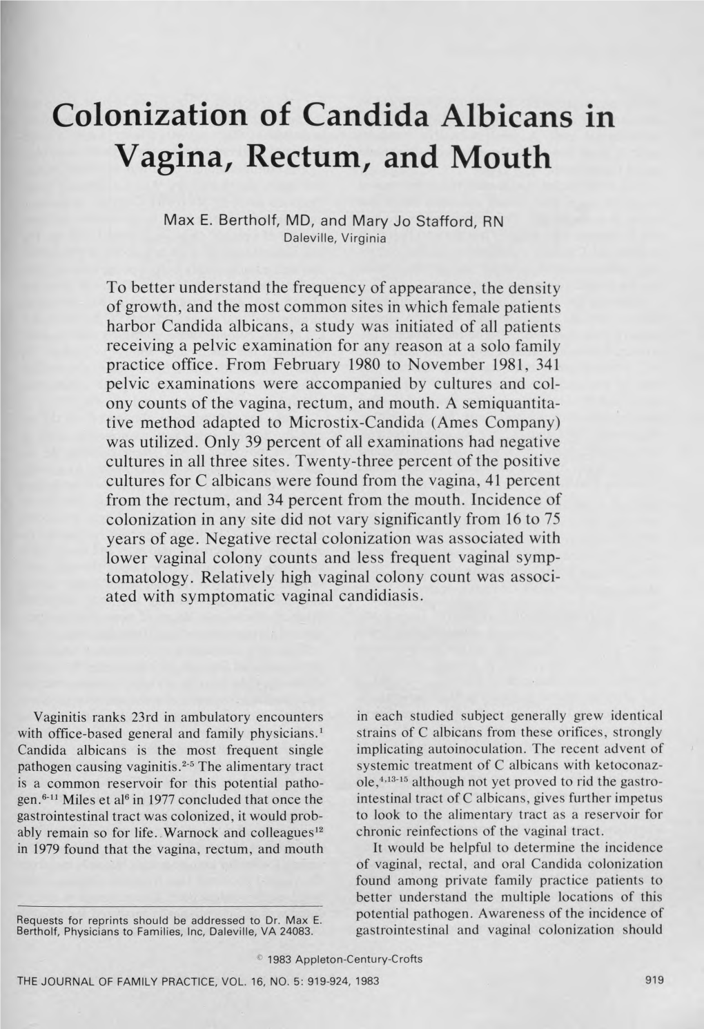 Colonization of Candida Albicans in Vagina, Rectum, and Mouth