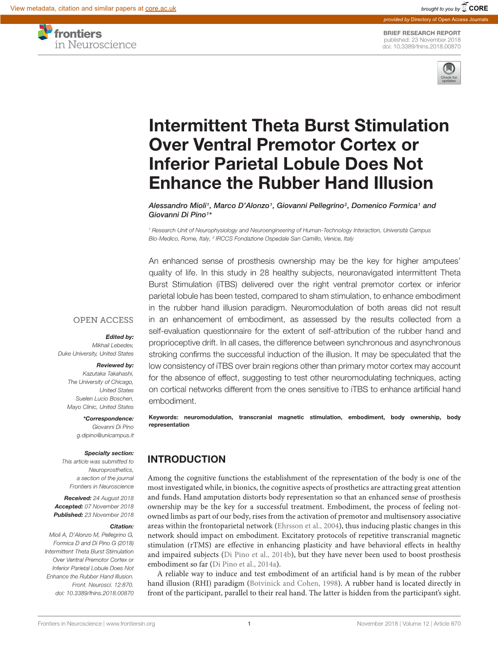 Intermittent Theta Burst Stimulation Over Ventral Premotor Cortex Or Inferior Parietal Lobule Does Not Enhance the Rubber Hand Illusion
