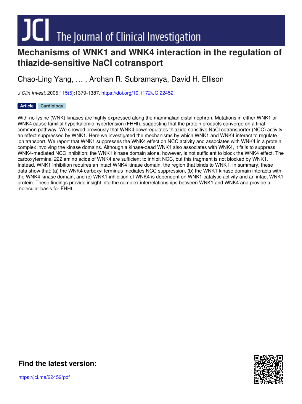 Mechanisms of WNK1 and WNK4 Interaction in the Regulation of Thiazide-Sensitive Nacl Cotransport