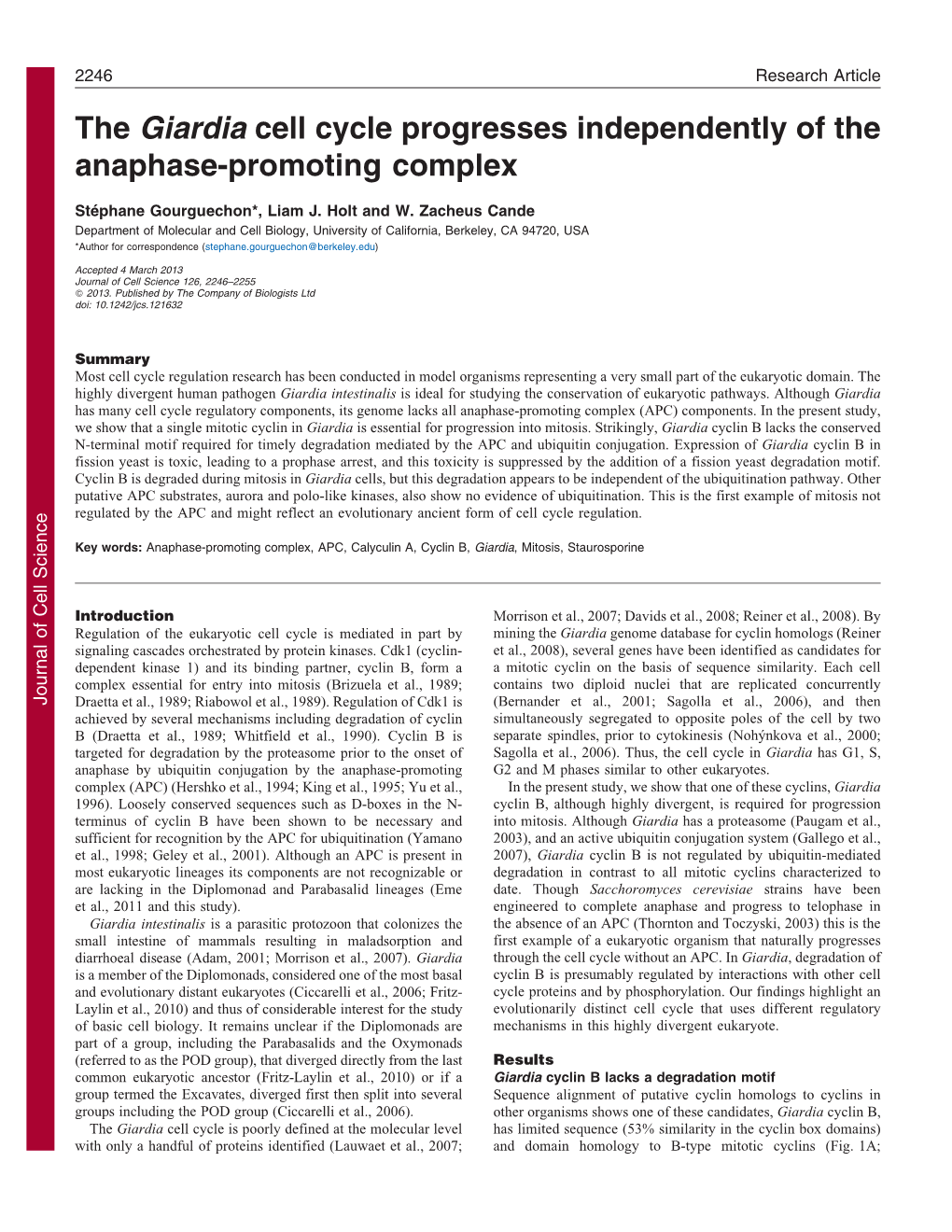 The Giardia Cell Cycle Progresses Independently of the Anaphase