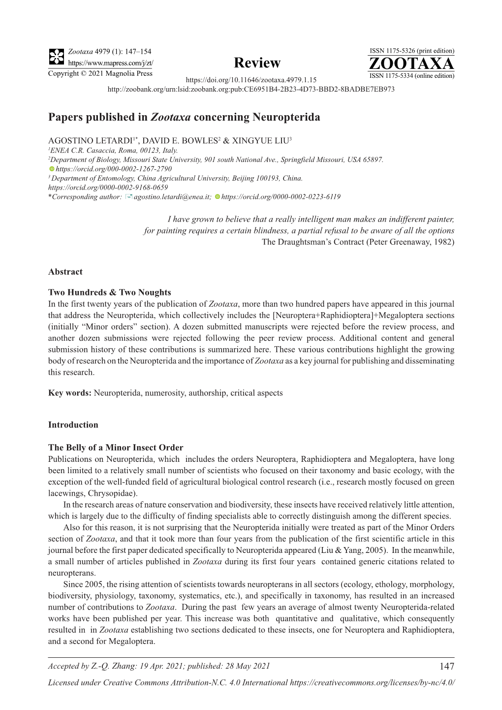 Papers Published in Zootaxa Concerning Neuropterida