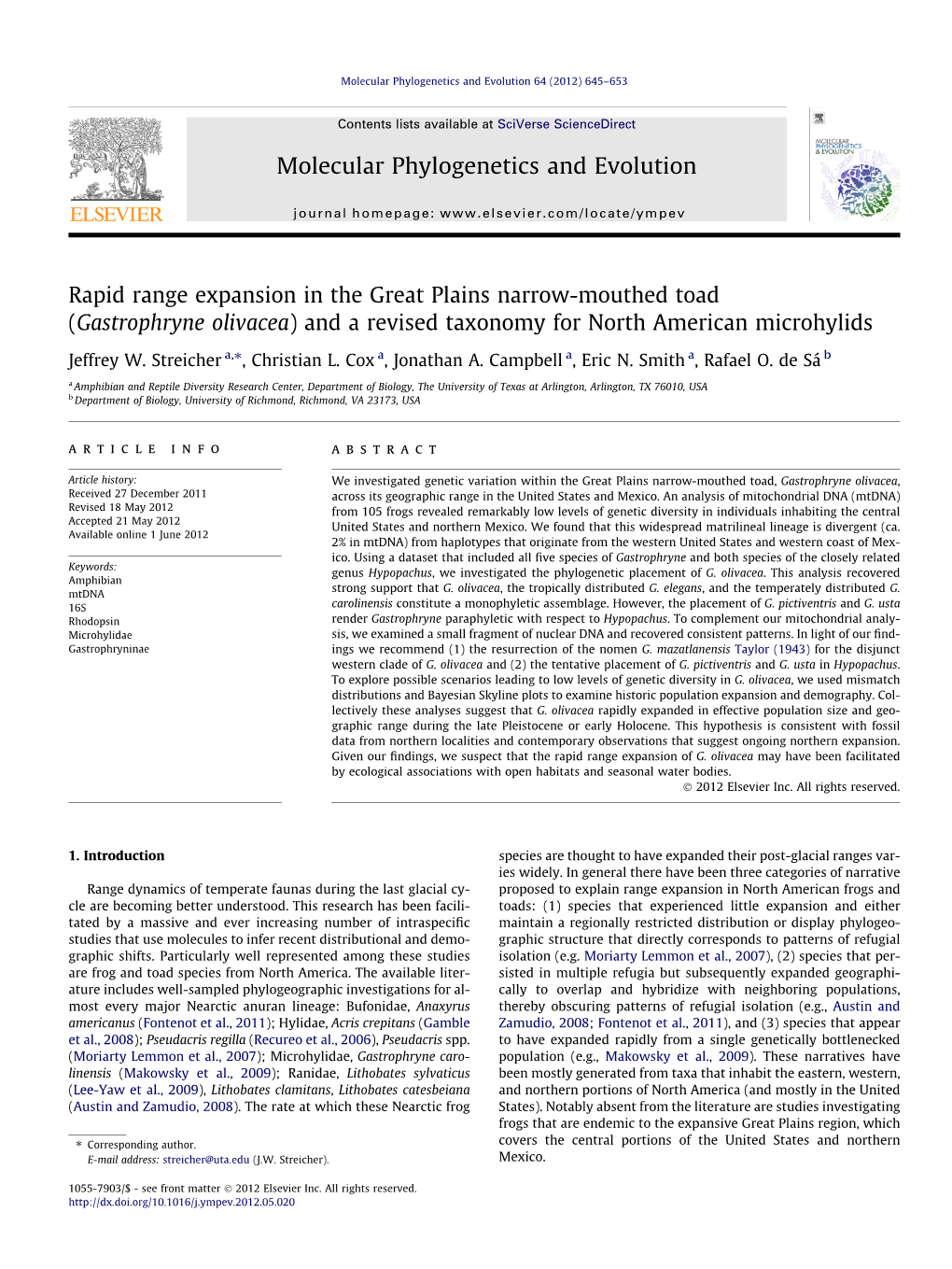 (Gastrophryne Olivacea) and a Revised Taxonomy for North American Microhylids ⇑ Jeffrey W