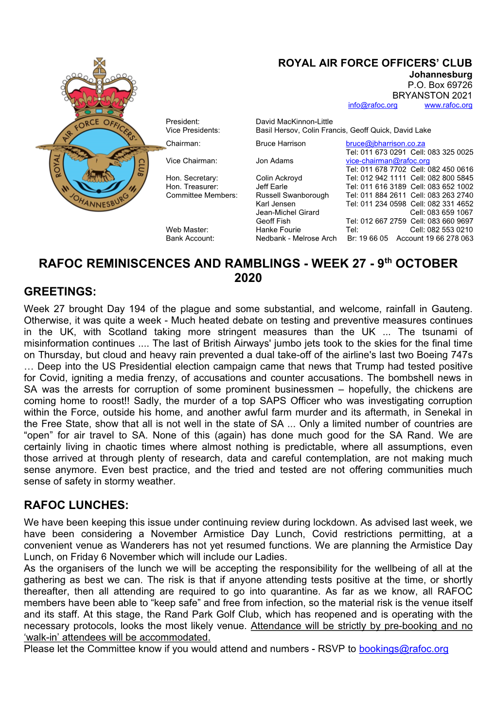 RAFOC REMINISCENCES and RAMBLINGS - WEEK 27 - 9Th OCTOBER 2020 GREETINGS