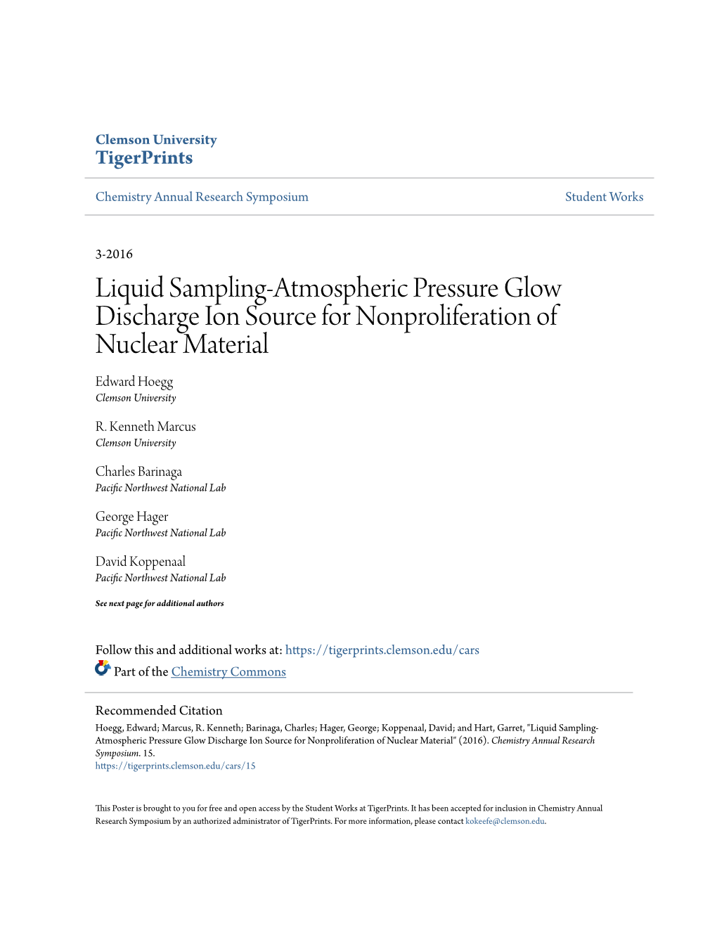 Liquid Sampling-Atmospheric Pressure Glow Discharge Ion Source for Nonproliferation of Nuclear Material Edward Hoegg Clemson University